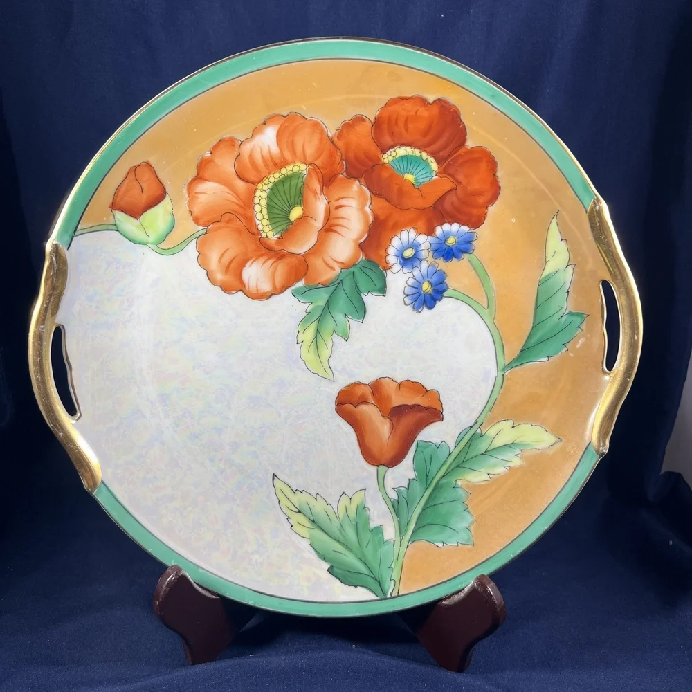 Vintage Noritake Platter Orange Floral HandPainted Lusterware Serving Gilt Japan